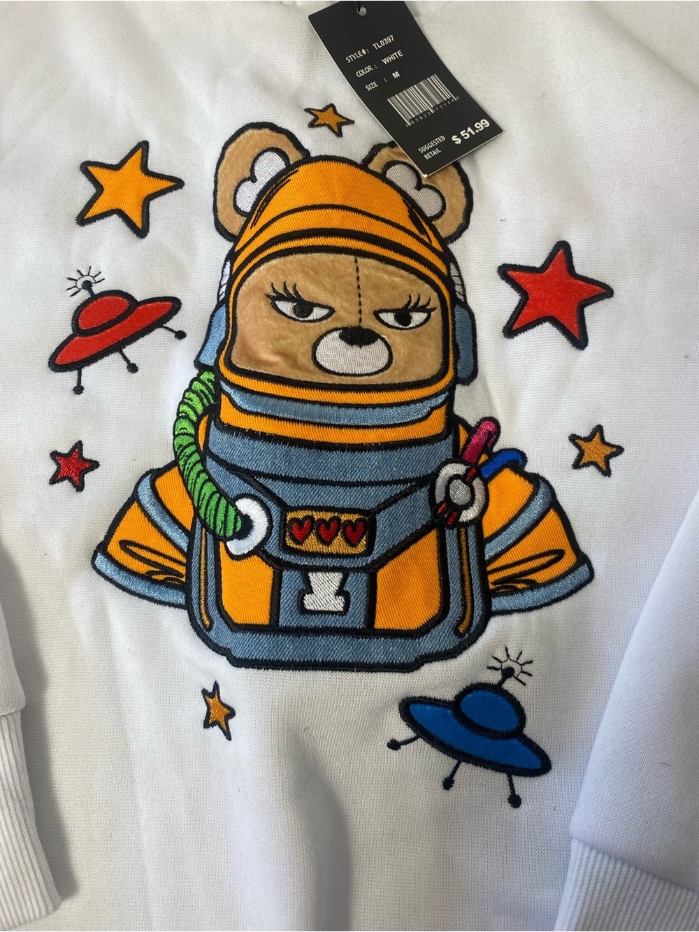White Graphic Bear Hoodie - Space Explorer Sweatshirt
